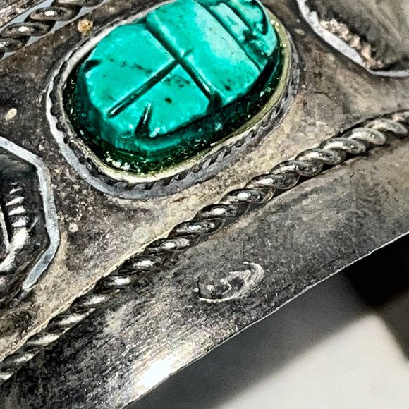 Vintage Silver Egyptian Revival Wide Large Scarab Blue/Green Turquoise Cuff - Picture 9 of 10